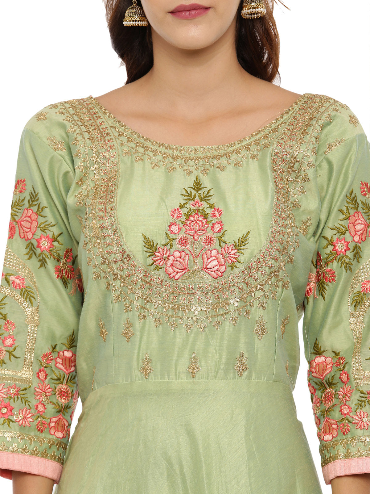 Neeru'S Pista Green Color,Chanderi Fabric Suit-Anarkali