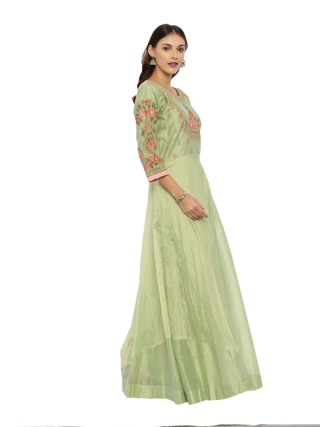 Neerus Pista Green Color Chanderi Fabric Suit-Anarkali