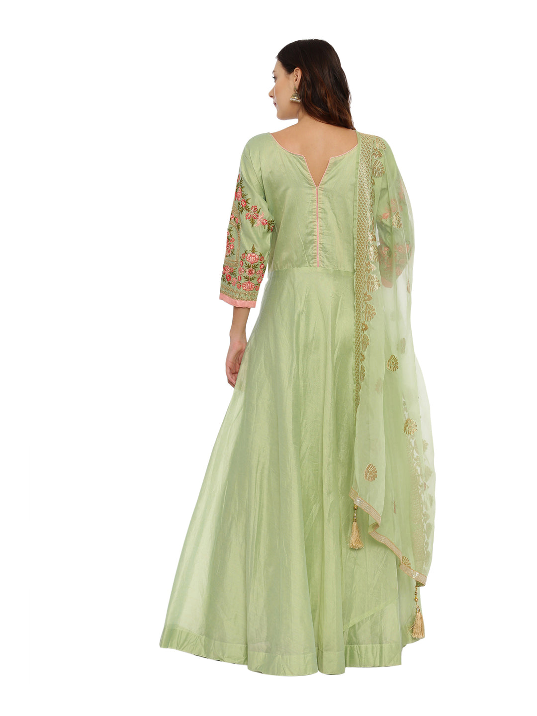 Neerus Pista Green Color Chanderi Fabric Suit-Anarkali