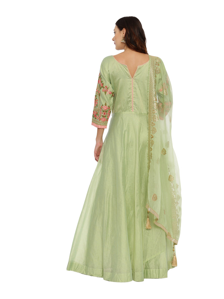 Neerus Pista Green Color Chanderi Fabric Suit-Anarkali