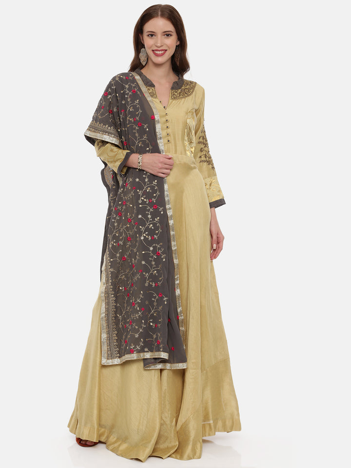 Neerus Beige Color Chanderi Silk Fabric Gown