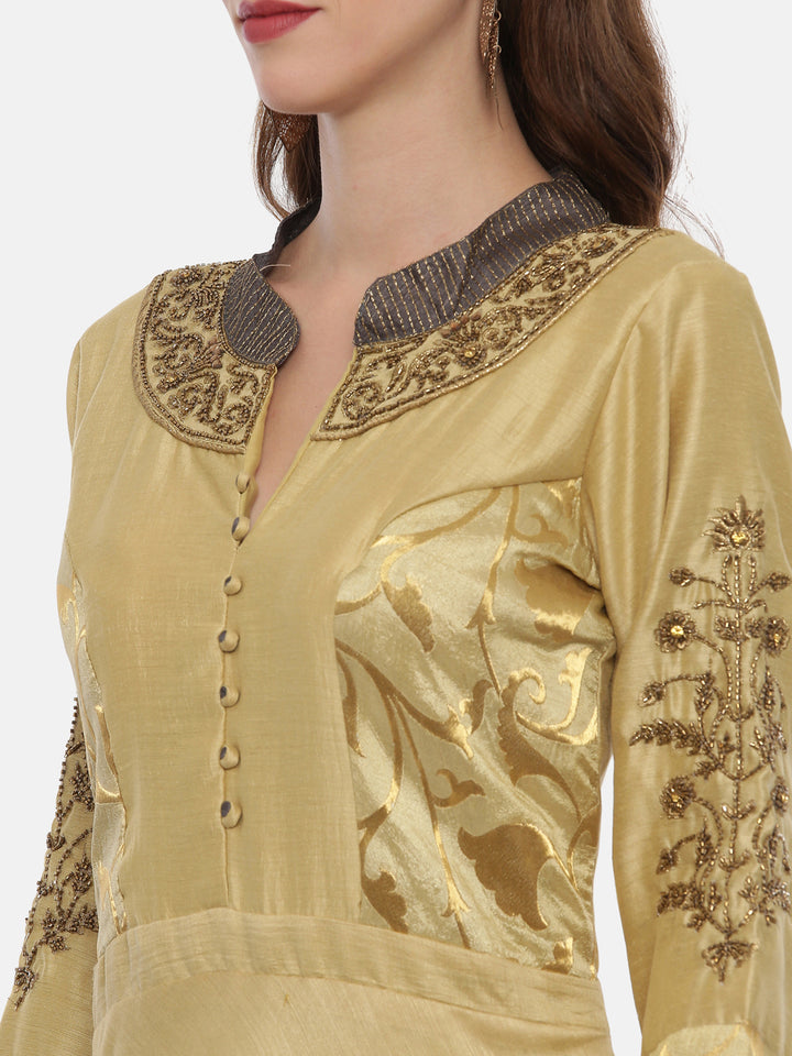 Neerus Beige Color Chanderi Silk Fabric Gown