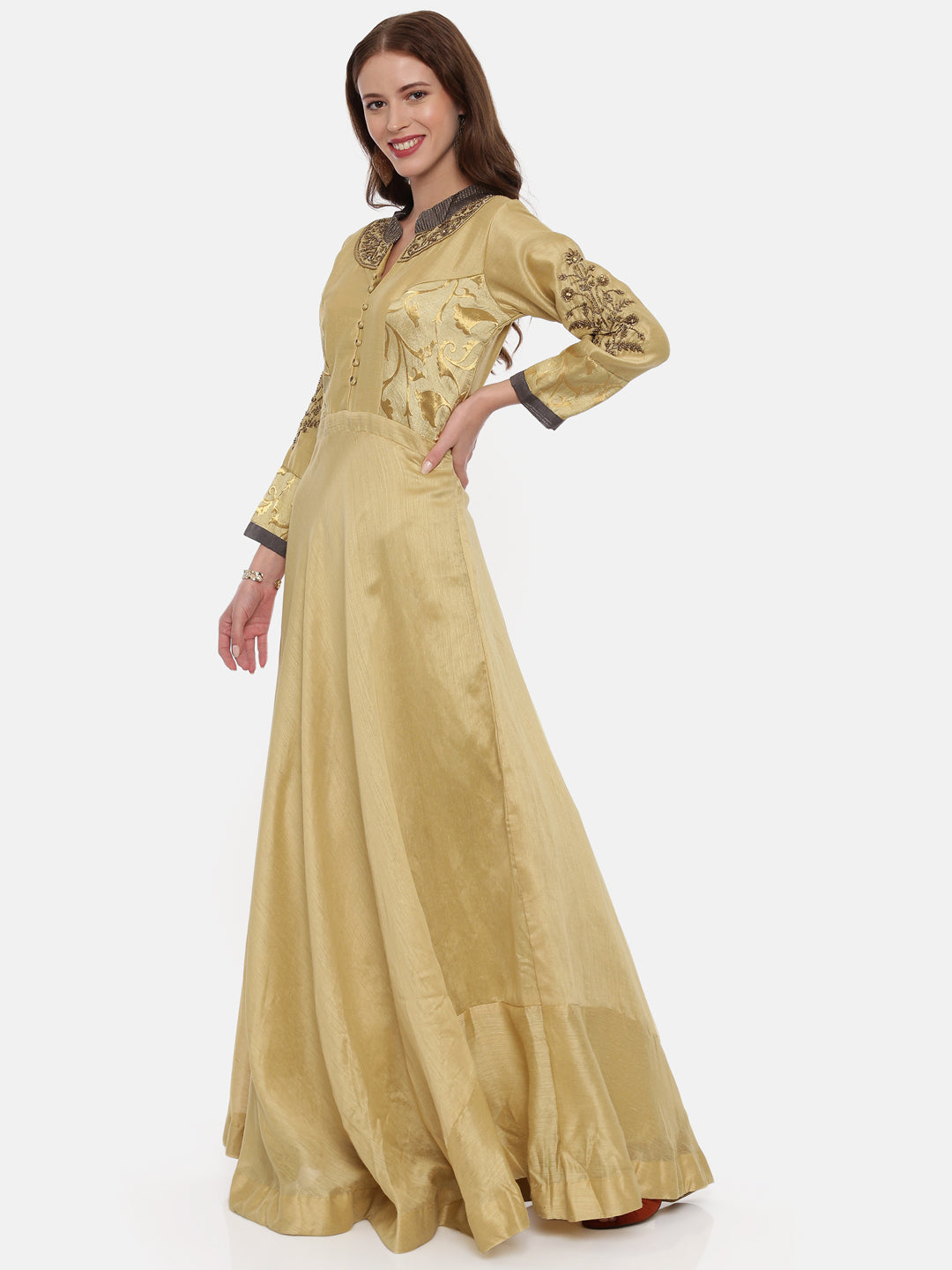 Neeru's Beige Color Chanderi Silk Fabric Gown
