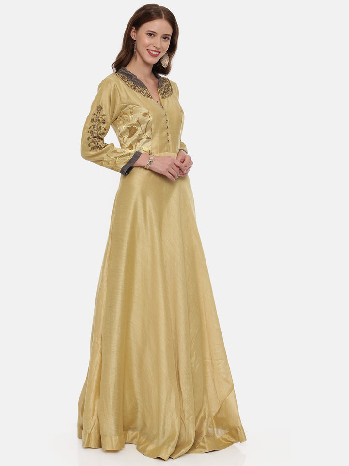 Neerus Beige Color Chanderi Silk Fabric Gown
