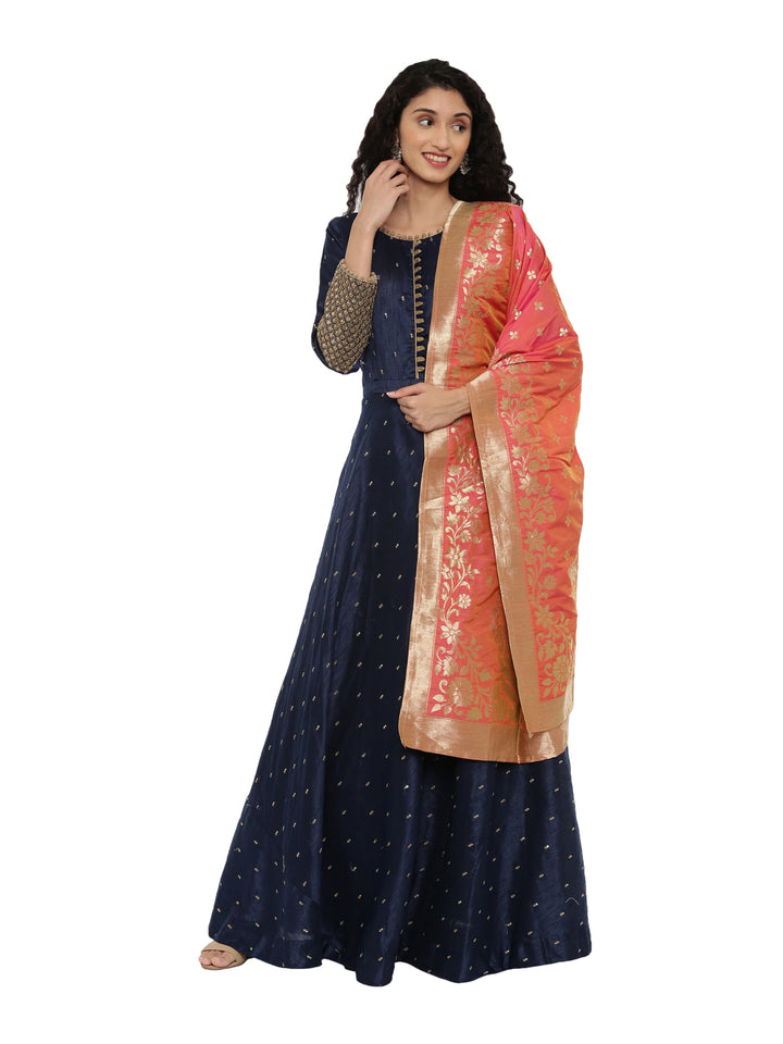 Neerus Blue Chanderi Embroidered Anarkali Suit Set - front view