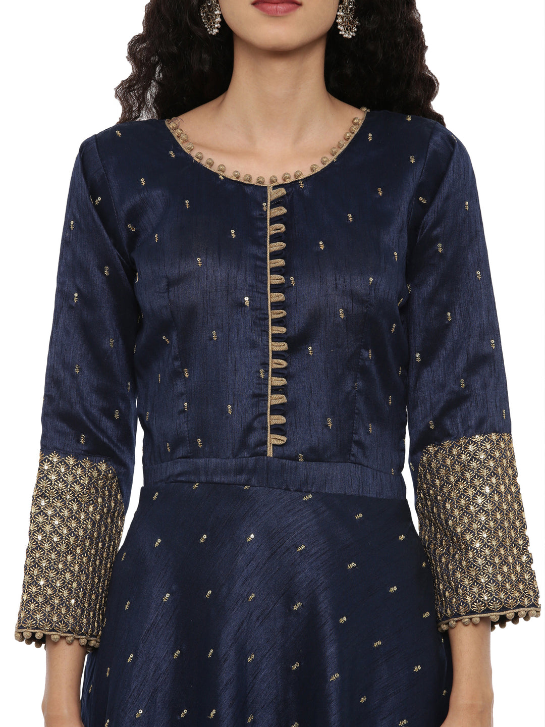 Neerus Blue Chanderi Embroidered Anarkali Suit Set - back view
