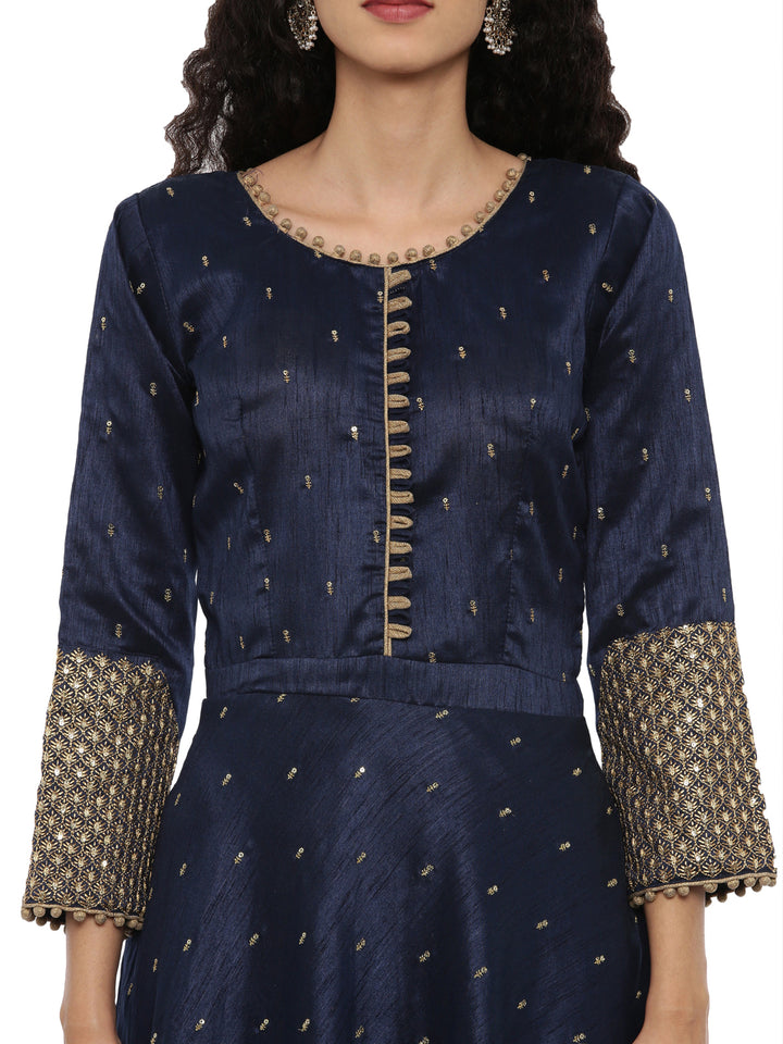 Neerus Blue Chanderi Embroidered Anarkali Suit Set - back view