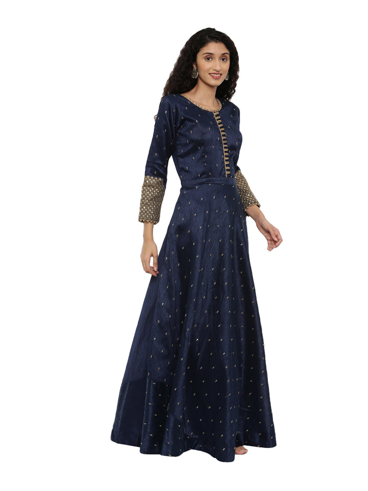 Neerus Blue Chanderi Embroidered Anarkali Suit Set - side view