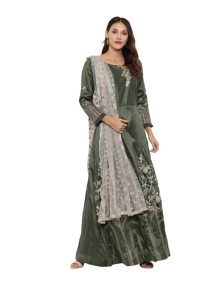 Neerus B Green Color Silk Fabric Full Sleeves Suit-Anarkali