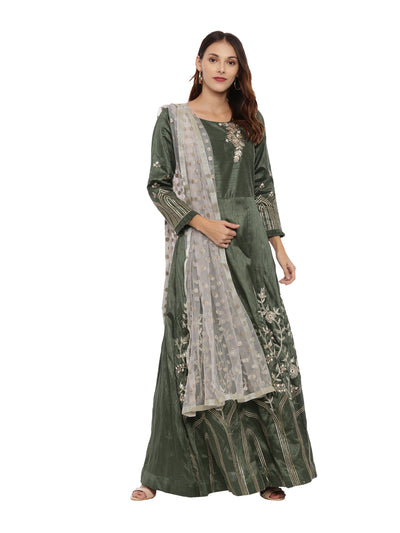 Neeru'S B Green Color, Silk Fabric Full Sleeves Suit-Anarkali