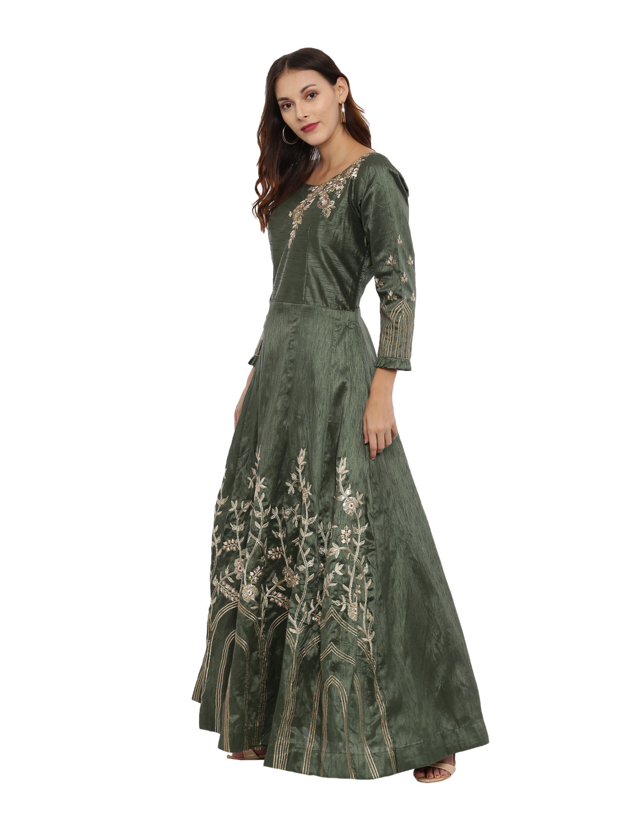 Neeru'S B Green Color, Silk Fabric Full Sleeves Suit-Anarkali