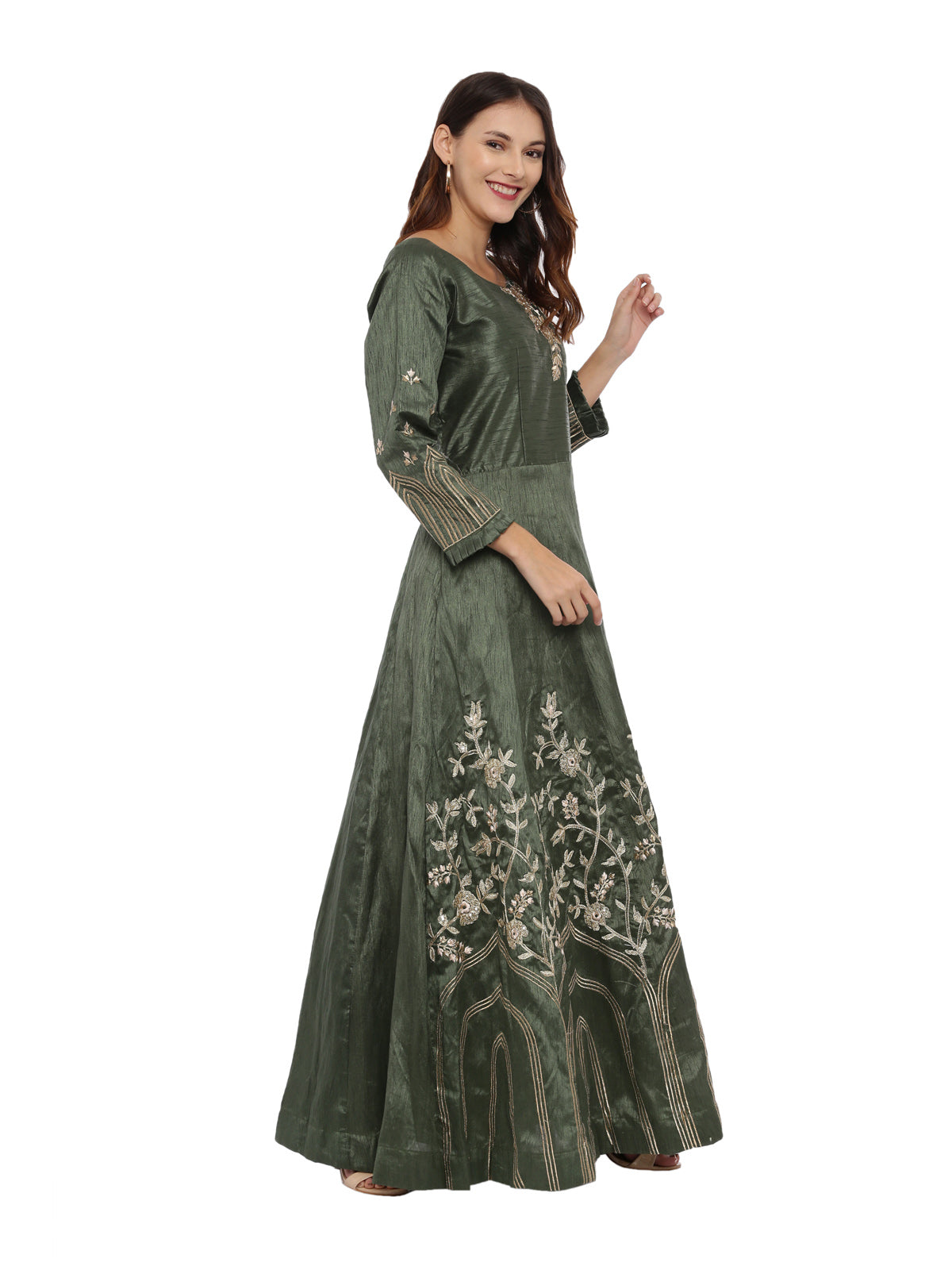 Neeru'S B Green Color, Silk Fabric Full Sleeves Suit-Anarkali