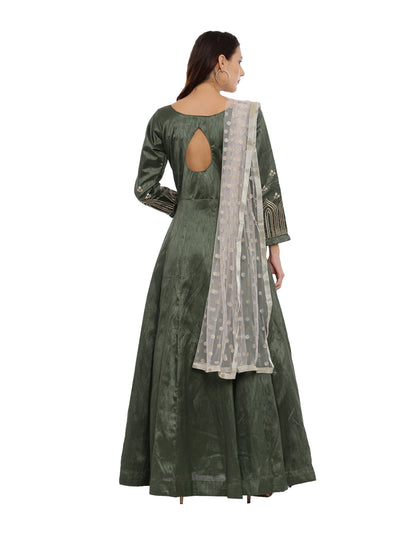 Neeru'S B Green Color, Silk Fabric Full Sleeves Suit-Anarkali