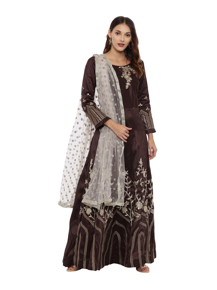 Neerus Brown Color Silk Fabric Full Sleeves Suit-Anarkali