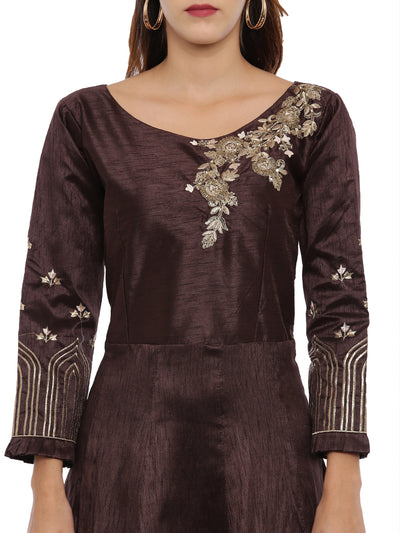 Neeru's Brown Color Silk Fabric Full Sleeves Suit-Anarkali