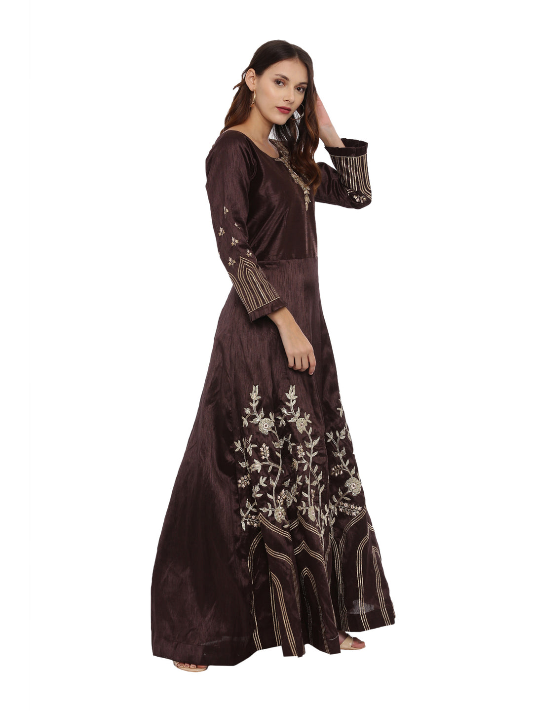 Neerus Brown Color Silk Fabric Full Sleeves Suit-Anarkali