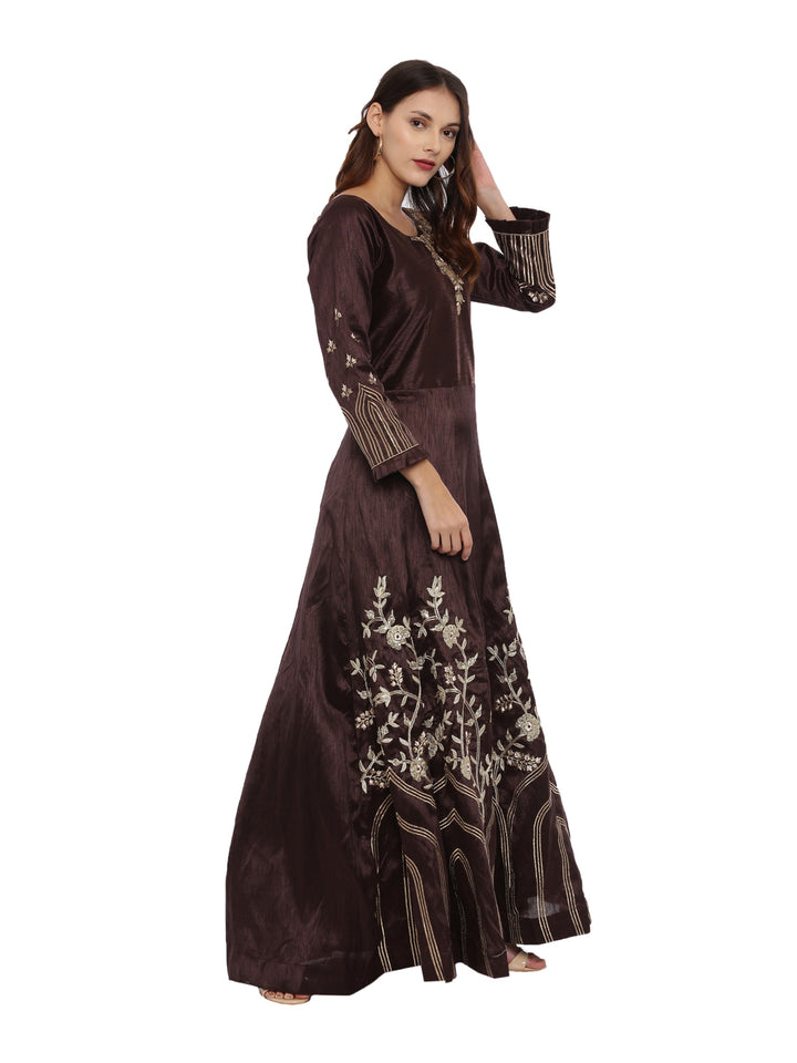 Neerus Brown Color Silk Fabric Full Sleeves Suit-Anarkali