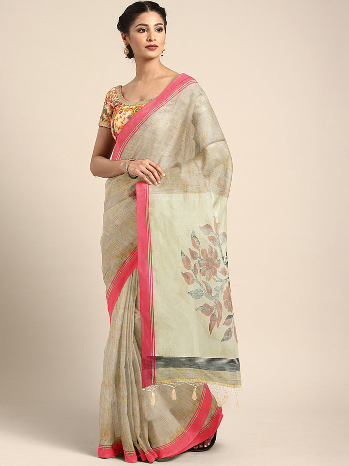 Neerus Beige Jute Silk Solid Chanderi Saree