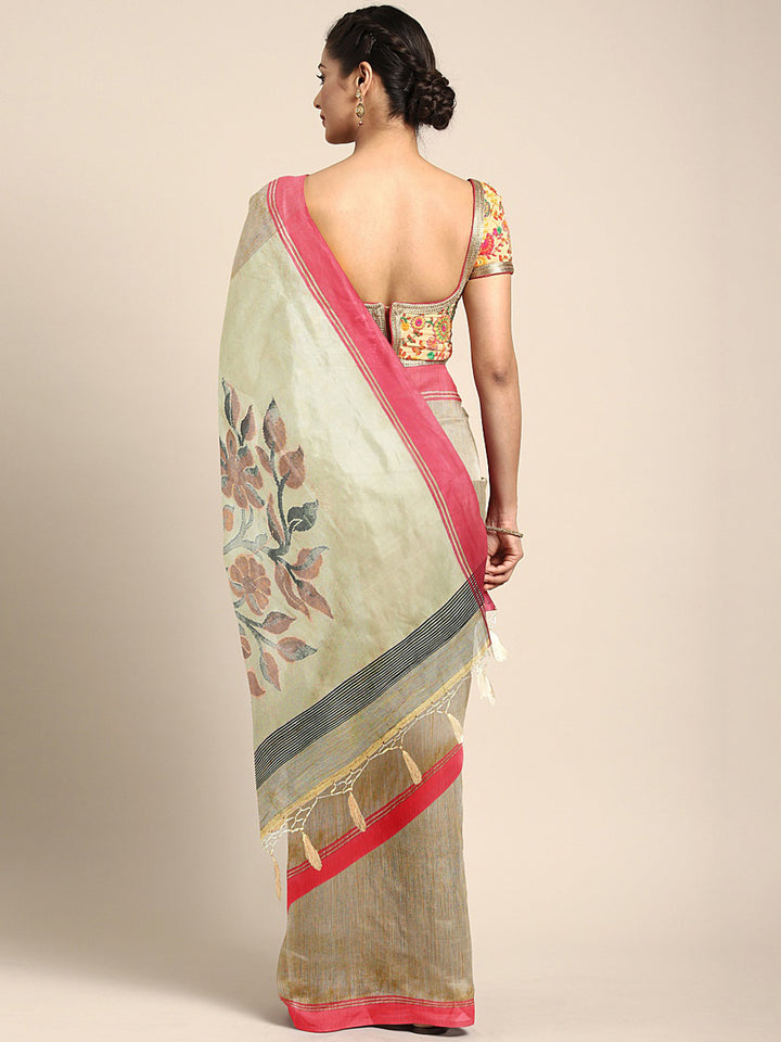 Neerus Beige Jute Silk Solid Chanderi Saree