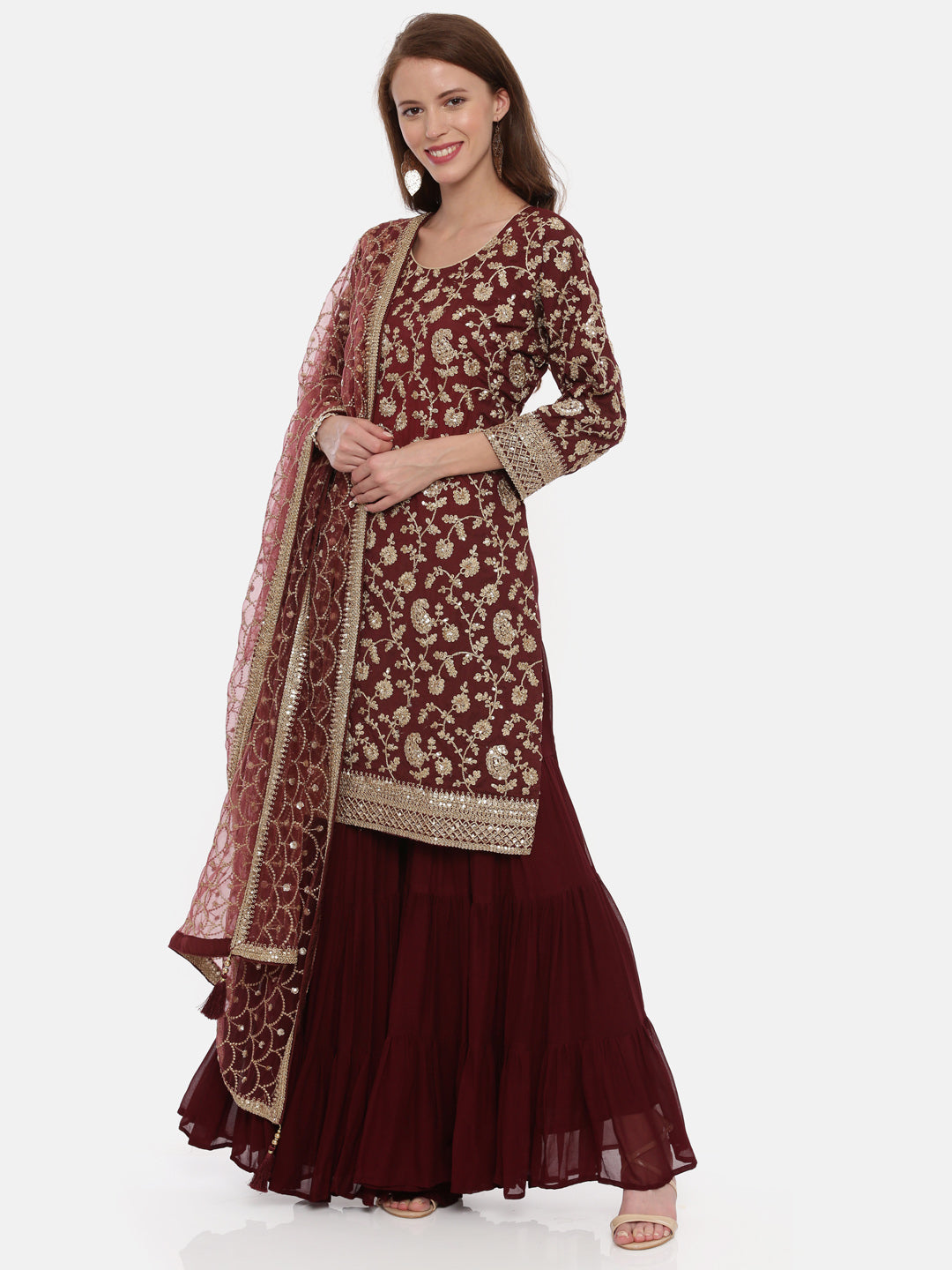 Neerus Maroon Color Muslin Fabric Full Sleeves Suit-Gharara