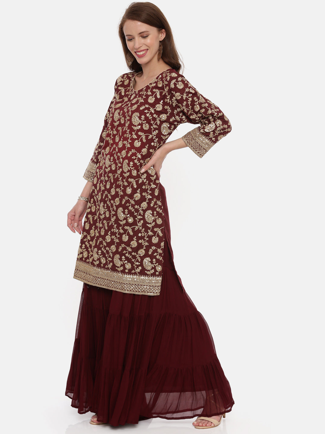 Neeru's Maroon Color Muslin Fabric Full Sleeves Suit-Gharara