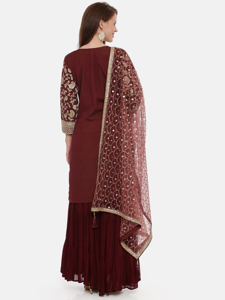 Neerus Maroon Color Muslin Fabric Full Sleeves Suit-Gharara