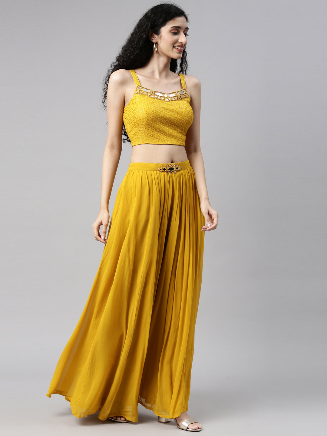 Neerus Mustard Color Georgette Fabric Suit Set