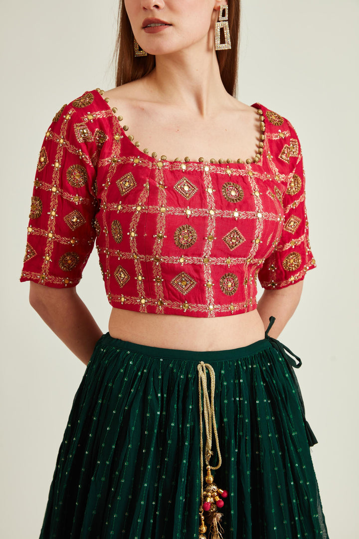 Neerus Bottle Green Colour Georgette Fabric Ghagra Set