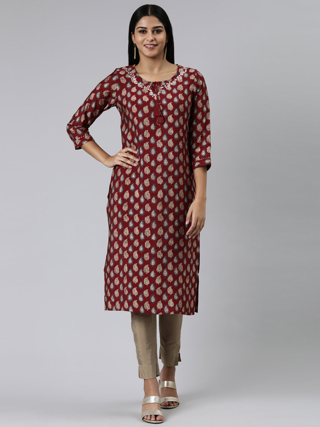 Neerus Maroon Straight Printed Modal Kurtas