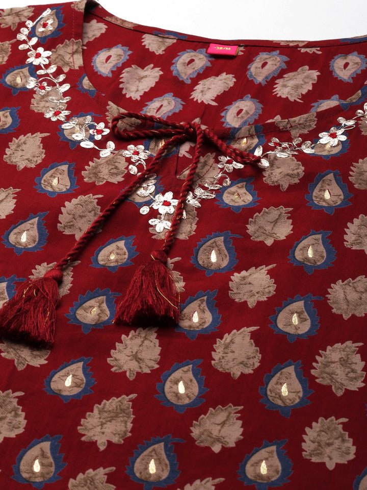 Neerus Maroon Straight Printed Modal Kurtas