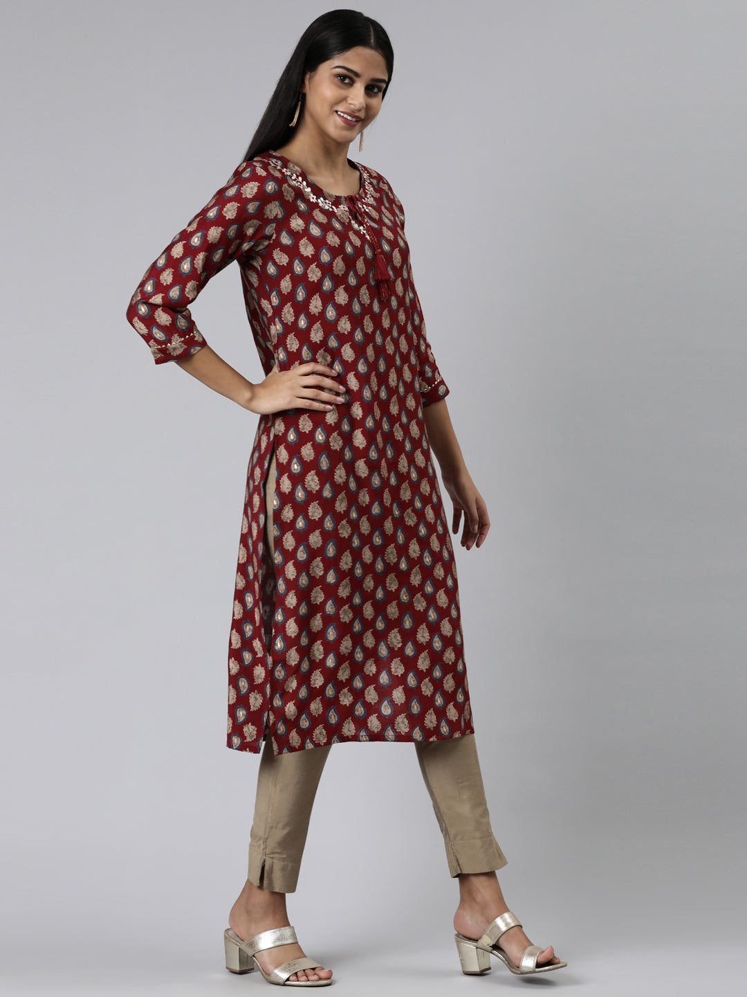 Neerus Maroon Straight Printed Modal Kurtas