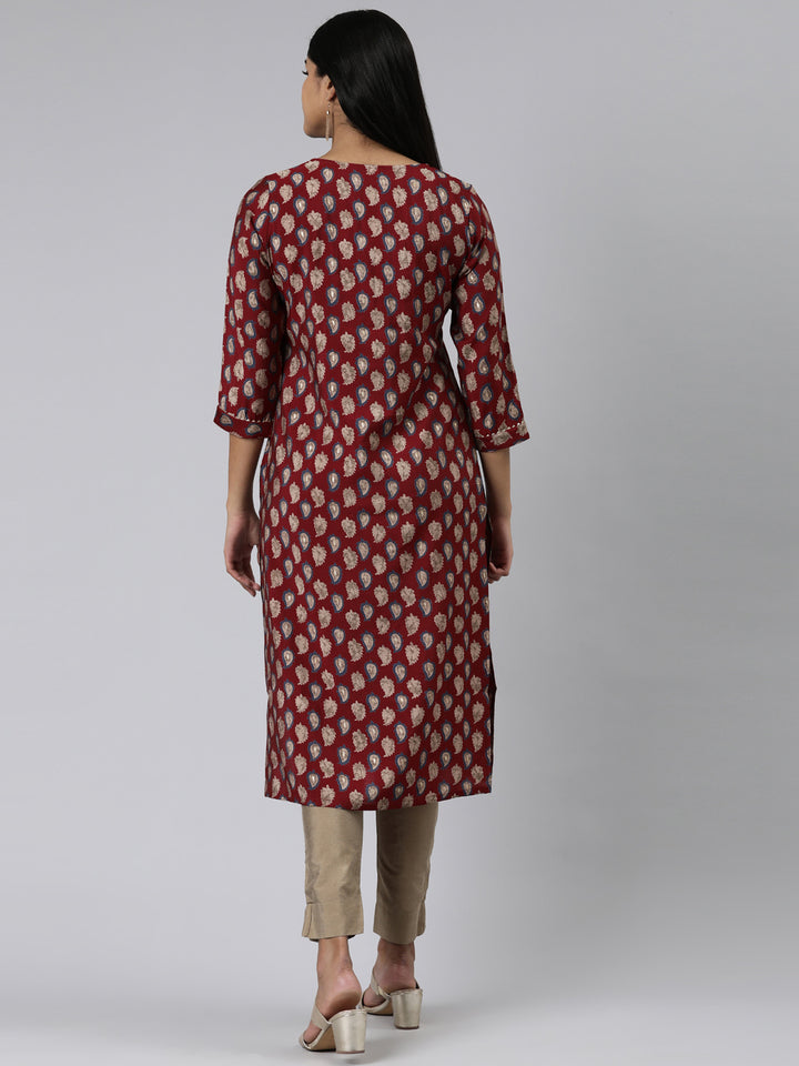 Neerus Maroon Straight Printed Modal Kurtas