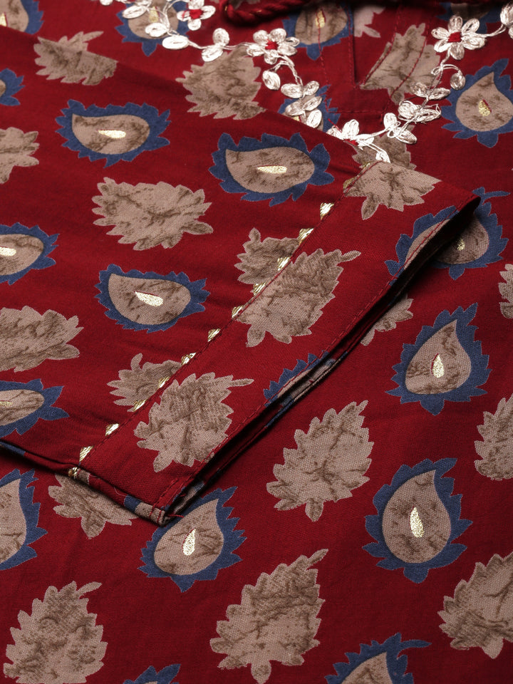 Neerus Maroon Straight Printed Modal Kurtas