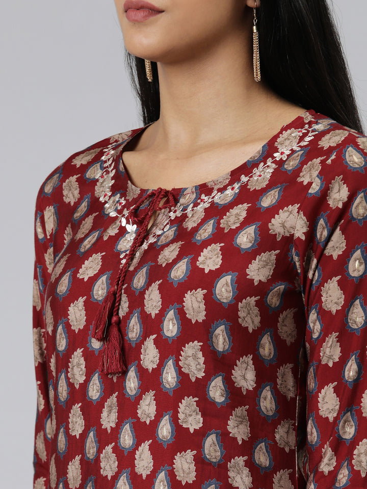 Neerus Maroon Straight Printed Modal Kurtas
