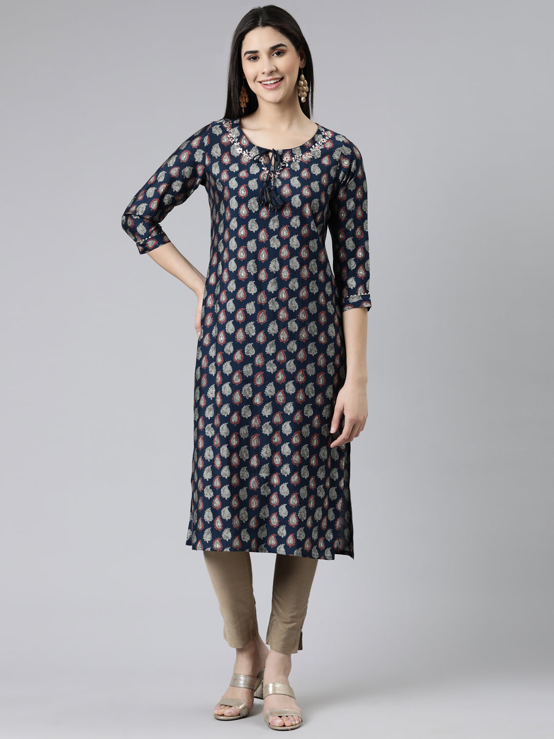 Neerus Blue modal printed straight kurti - front view