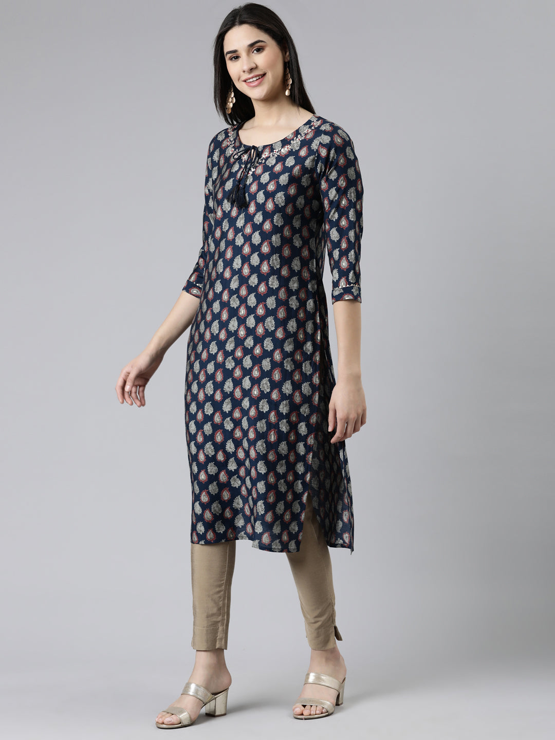 Neerus Blue modal printed straight kurti - back view