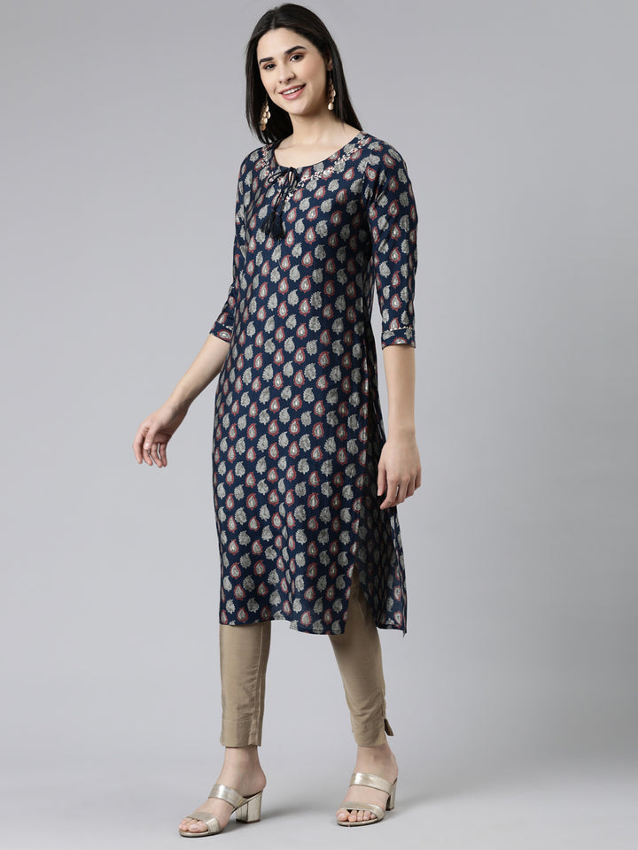 Neerus Blue modal printed straight kurti - back view