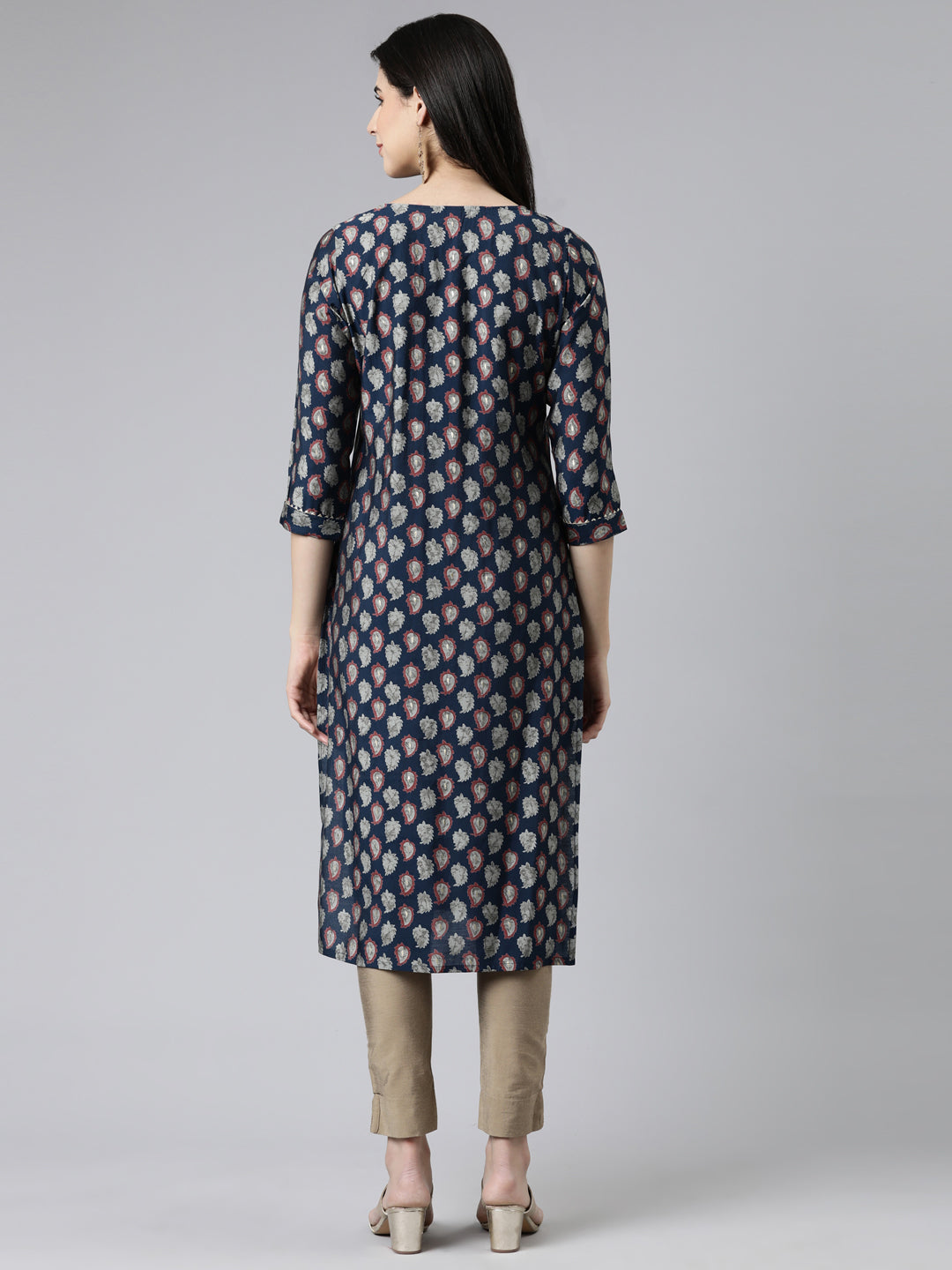 Neerus Blue modal printed straight kurti - side view
