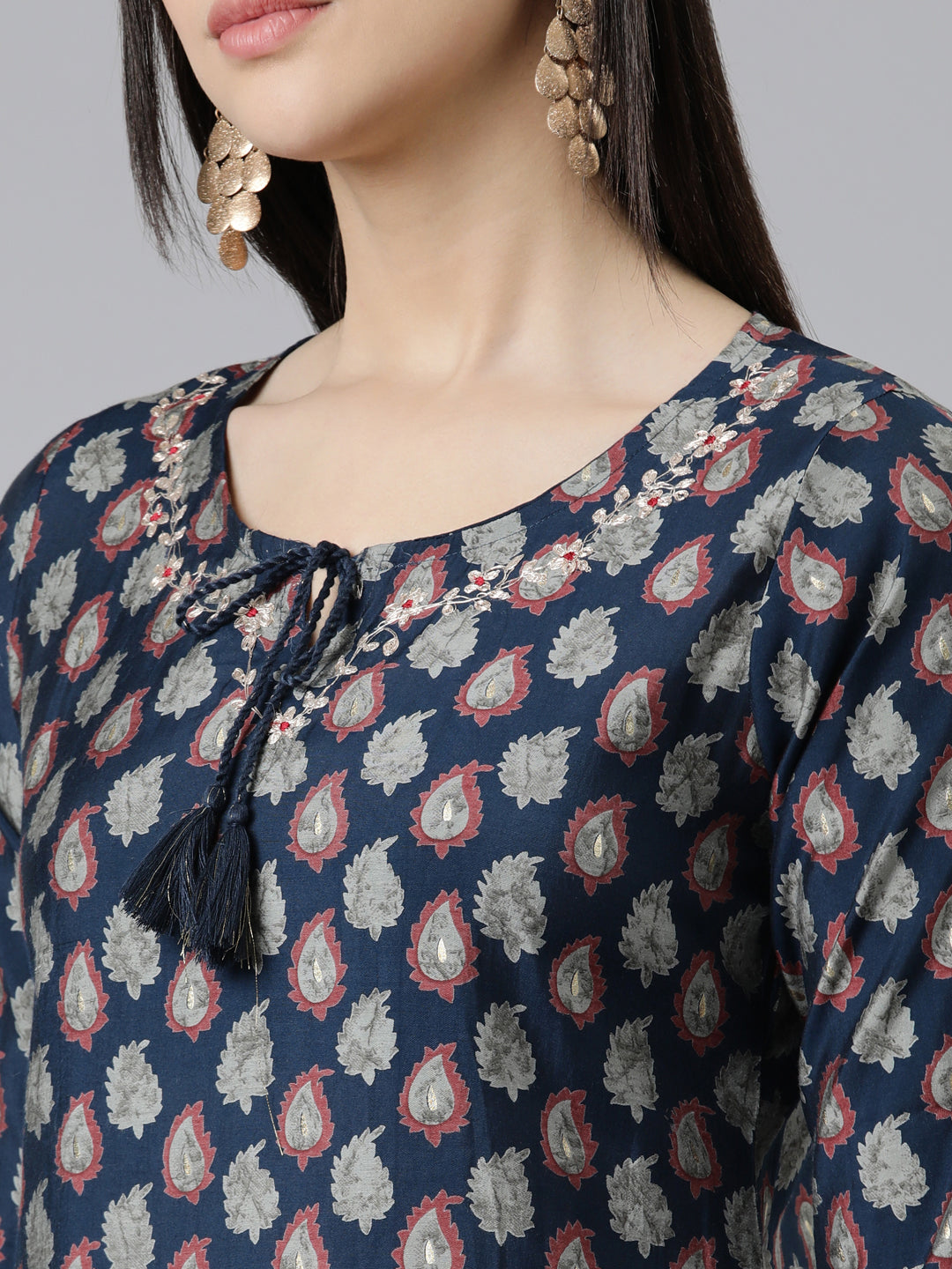 Neerus Blue modal printed straight kurti - detail view 1