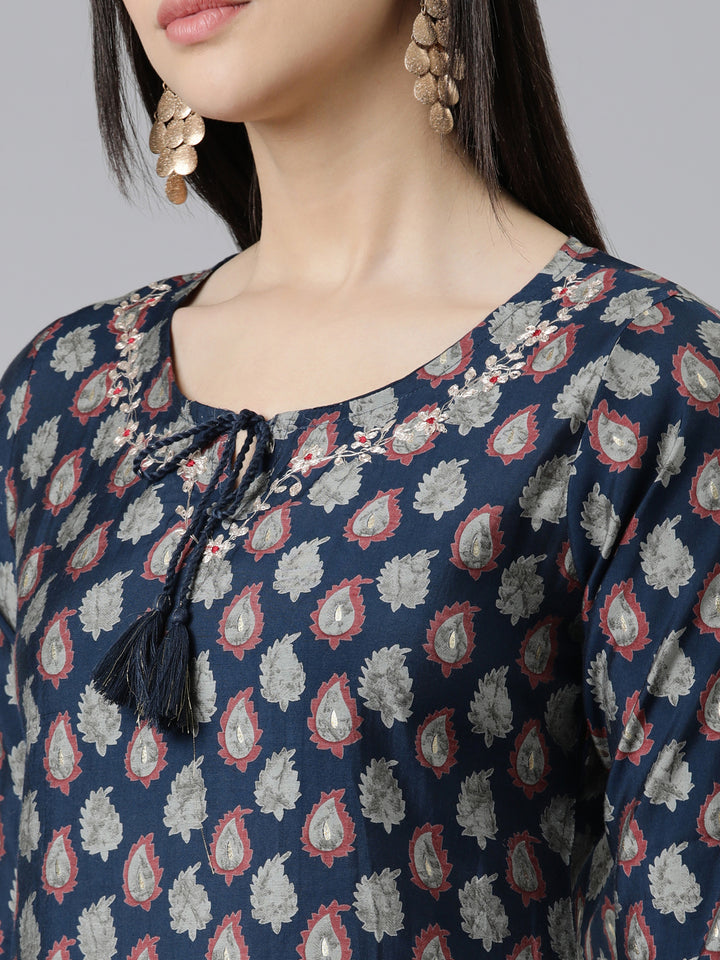 Neerus Blue modal printed straight kurti - detail view 1