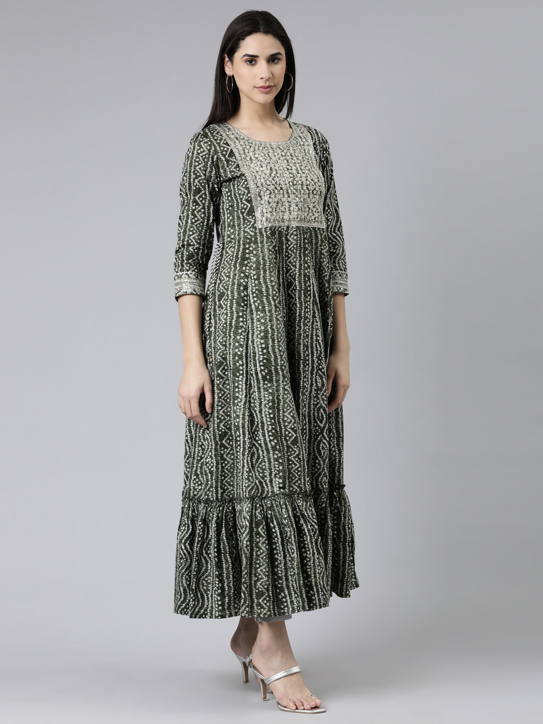 Neerus Olive Straight Embroidered Cotton Kurtas