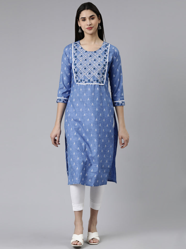 Neerus Blue cotton printed straight kurti - front view
