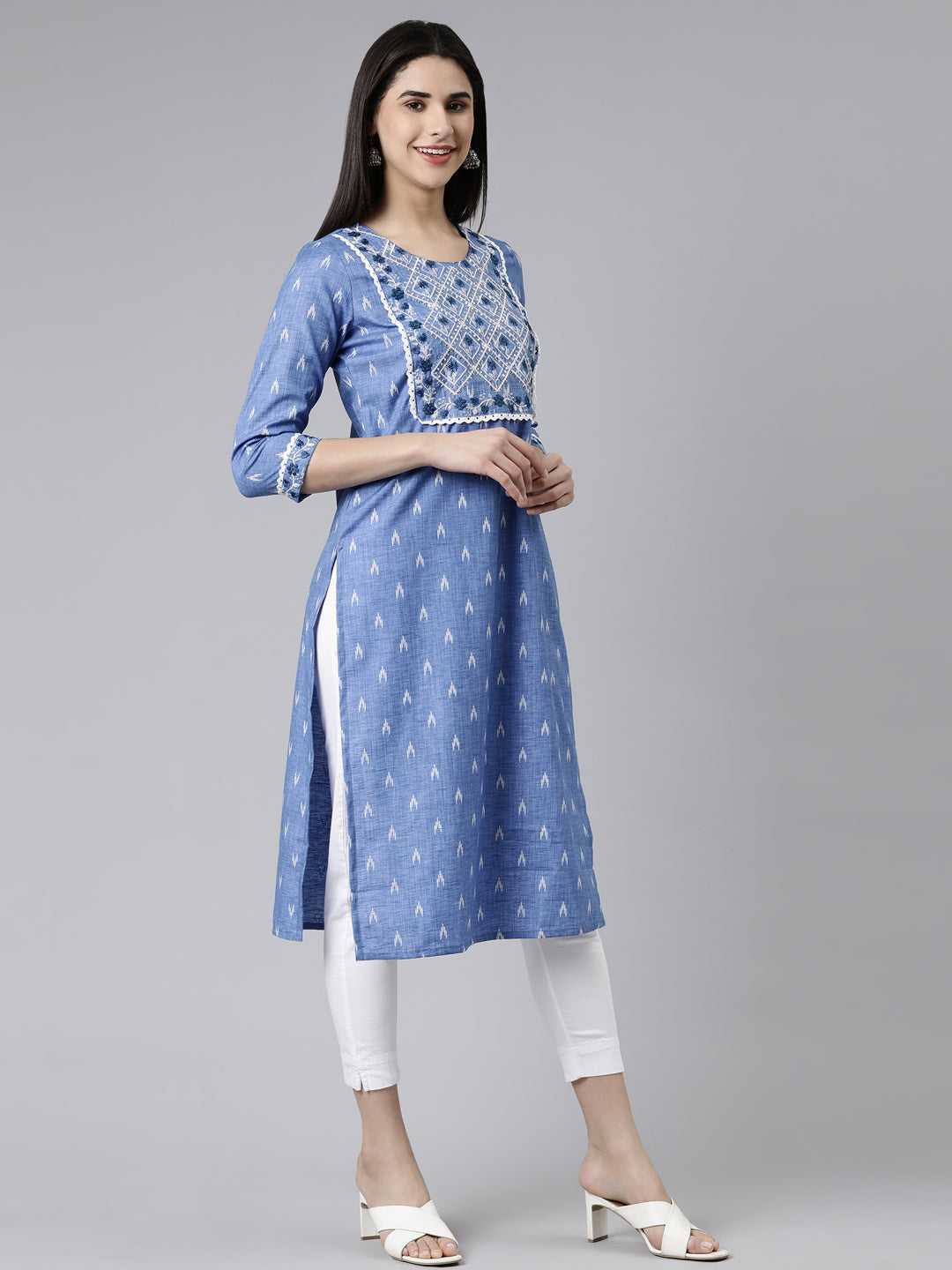 Neerus Blue cotton printed straight kurti - back view