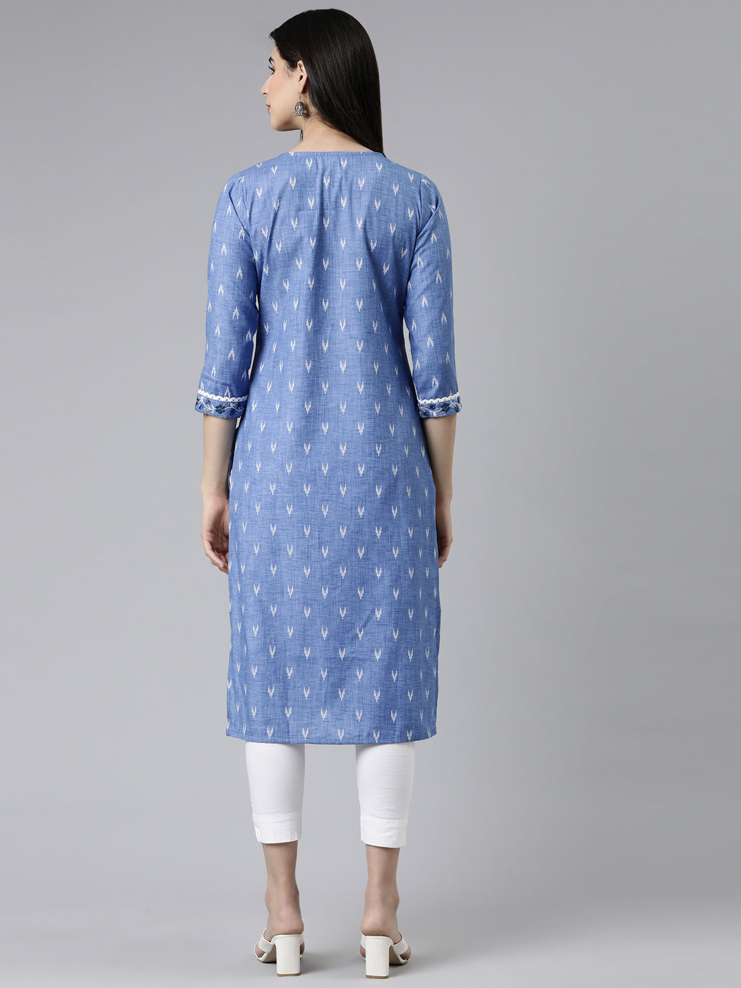 Neerus Blue cotton printed straight kurti - side view