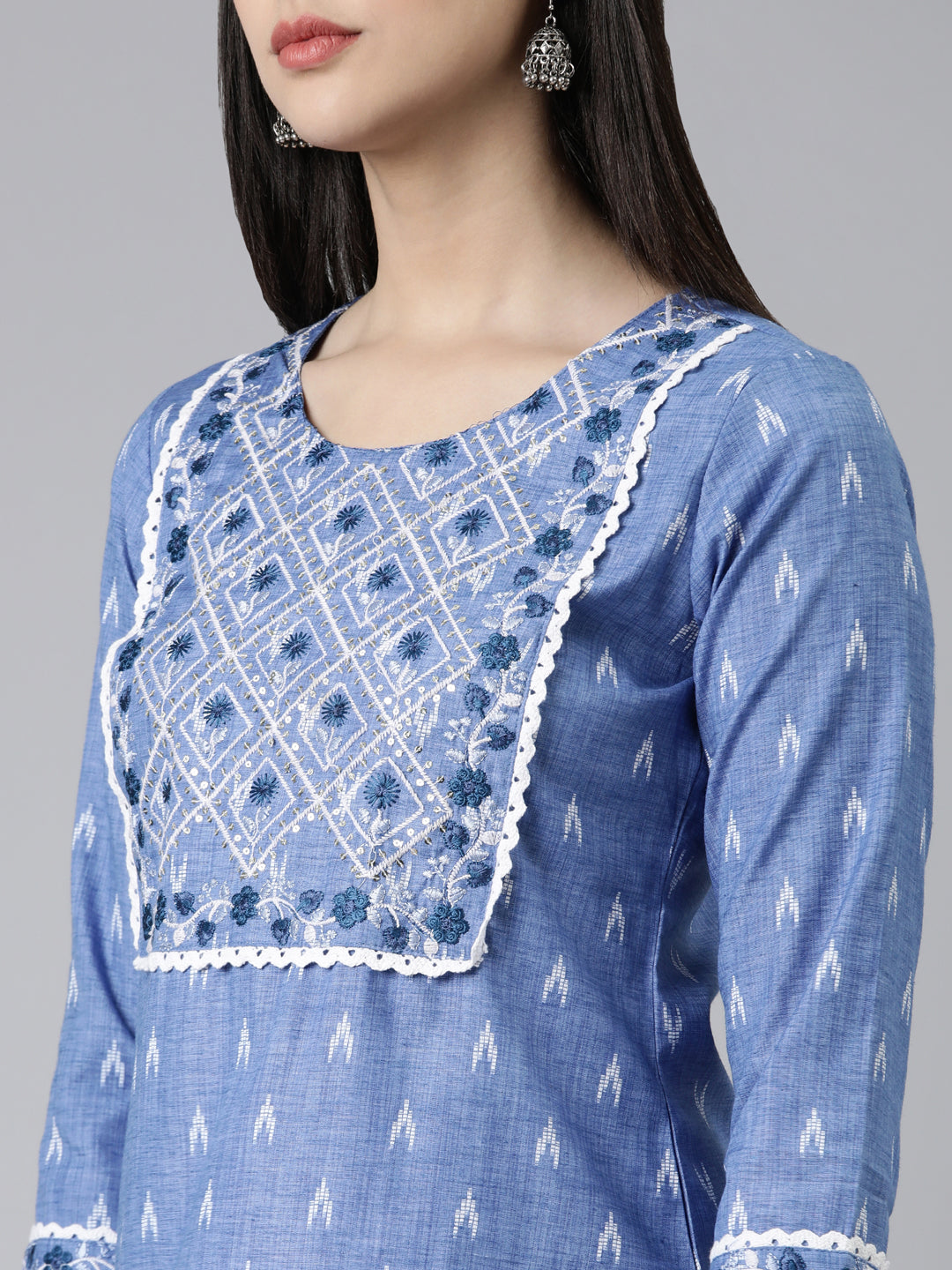 Neerus Blue cotton printed straight kurti - detail view 1