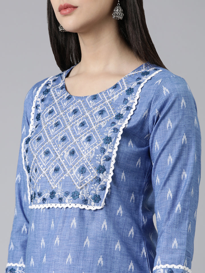 Neerus Blue cotton printed straight kurti - detail view 1