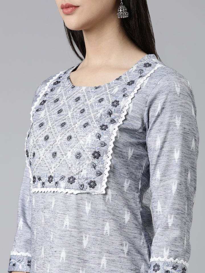 Neerus Blue Straight Printed Cotton Kurtas