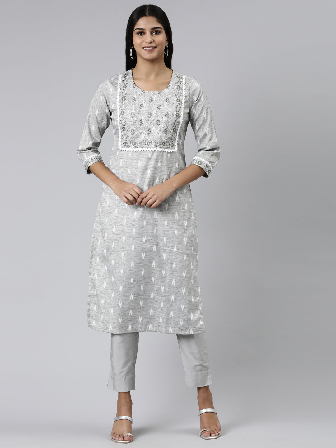 Neerus Grey viscose rayon printed straight kurti - front view