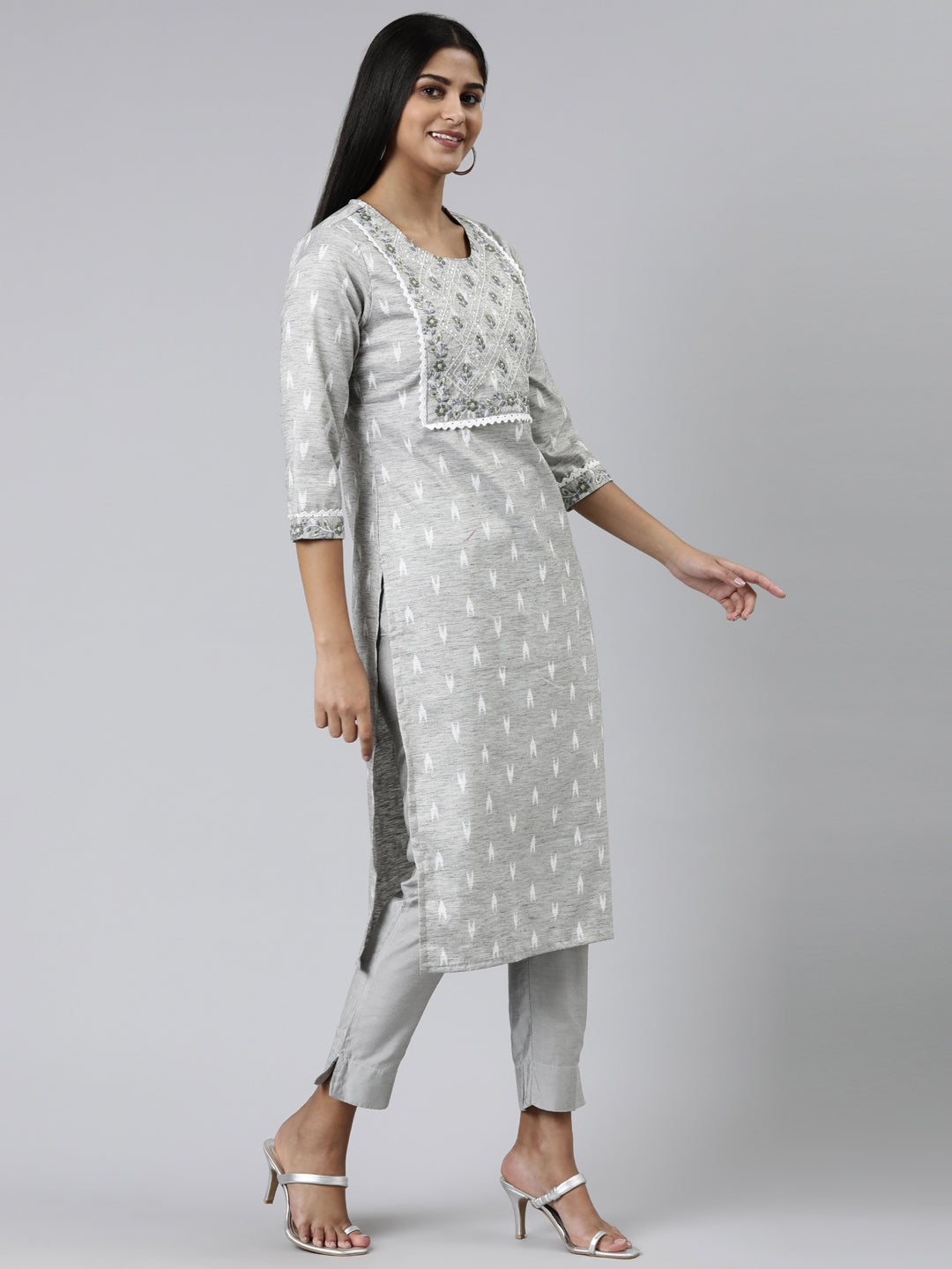Neerus Grey viscose rayon printed straight kurti - back view