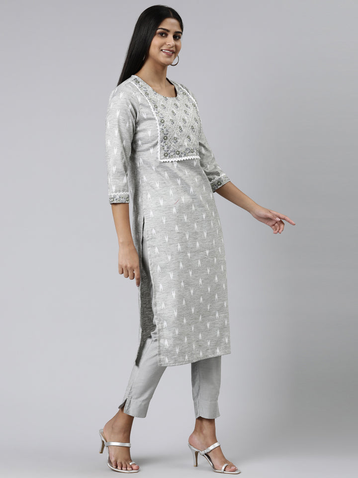 Neerus Grey viscose rayon printed straight kurti - back view